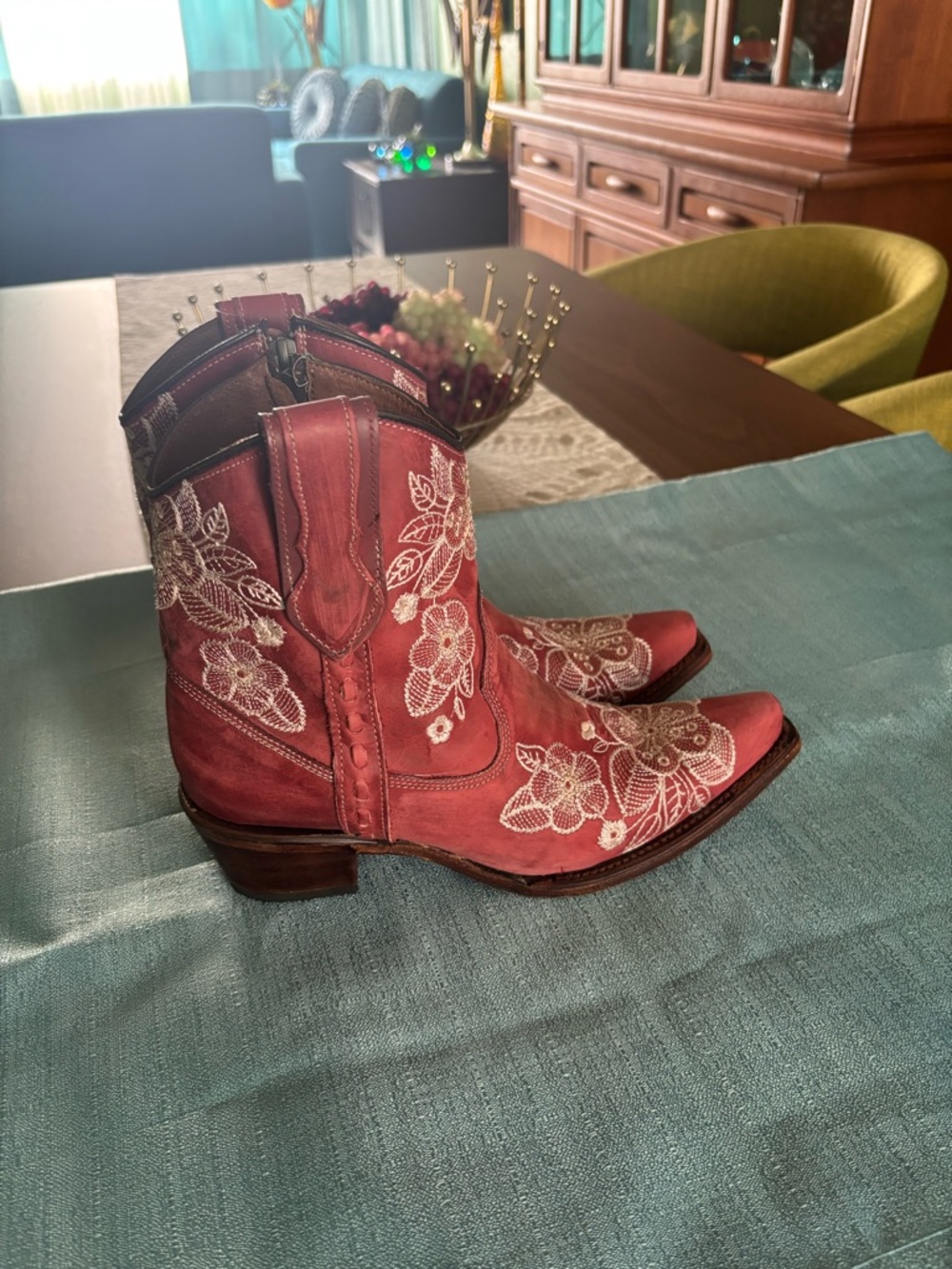 Embroidered Red Western Ankle Boots